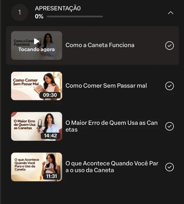 Lista das quatro aulas do curso com miniaturas e duração